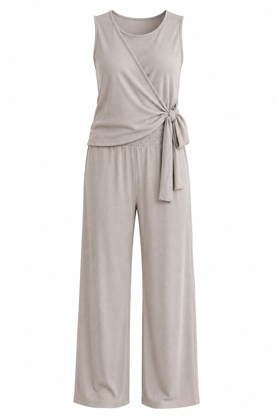NEW 2pcs Outfit Ribbed Wrap Top & Wide Leg Pants Set